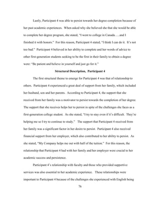 76
Lastly, Participant 4 was able to persist towards her degree completion because of
her past academic experiences. When asked why she believed she that she would be able
to complete her degree program, she stated, “I went to college in Canada…..and I
finished it with honors.” For this reason, Participant 4 stated, “I think I can do it. It’s not
too bad.” Participant 4 believed in her ability to complete and her words of advice to
other first-generation students seeking to be the first in their family to obtain a degree
were: “Be patient and believe in yourself and just go for it.”
Structural Description, Participant 4
The first structural theme to emerge for Participant 4 was that of relationship to
others. Participant 4 experienced a great deal of support from her family, which included
her husband, son and her parents. According to Participant 4, the support that she
received from her family was a motivator to persist towards the completion of her degree.
The support that she receives helps her to persist in spite of the challenges she faces as a
first-generation college student. As she stated, “I try to stay even if it’s difficult. They’re
helping me so I try to continue to study.” The support that Participant 4 received from
her family was a significant factor in her desire to persist. Participant 4 also received
financial support from her employer, which also contributed to her ability to persist. As
she stated, “My Company helps me out with half of the tuition.” For this reason, the
relationship that Participant 4 had with her family and her employer were crucial to her
academic success and persistence.
Participant 4’s relationship with faculty and those who provided supportive
services was also essential to her academic experience. These relationships were
important to Participant 4 because of the challenges she experienced with English being
 