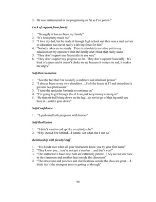 90
3. He was instrumental in me progressing as far as I’ve gotten.”
Lack of support from family
1. “Strangely it has not been my family”
2. “It’s been pretty much me”
3. “I love my dad, but he made it through high school and then was a mail carrier
so education was never really a driving force for him”
4. “Nobody takes me seriously. There is absolutely no value put on my
education or my opinion within the family and I think that really sucks”
5. “They don’t support me financially in any way”
6. “They don’t support my progress so far. They don’t support financially. It’s
kind of a mess and it doesn’t choke me up because it makes me sad, it makes
me angry”
Self-Determination
1. “Just the fact that I’m naturally a stubborn and obstinate person”
2. “I always been on my own shoulders….I left the house at 17 and immediately
got into two professions”
3. “I have the testicular fortitude to continue on”
4. “I’m going to get through this if I can just keep money coming in”
5. “Be that pit-bull biting down on the leg…do not let go of that leg until you
have it…until it goes down”
Self-Confidence
1. “I graduated both programs with honors”
Self-Realization
1. “I didn’t want to end up like everybody else”
2. “Why should I be limited…I wanna see what else I can do”
Relationship with faculty/staff
1. “It is kinda nice when all your instructors know you by your first name”
2. “They know you…you’re not just a number…and that’s cool”
3. “The instructors I have now both are extremely patient. They are not one face
in the classroom and another face outside the classroom”
4. “The extra time and patience and clarifications outside the class are great….I
think that’s the strongest asset in getting us through”
 
