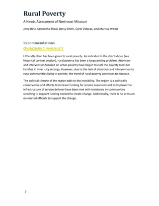 Rural Poverty
A Needs Assessment of Northeast Missouri
Jerry Best, Samantha Shaul, Betsy Smith, Carol Vidacac, and Marissa Wood
7
Recommendations
OVERCOMING INVISIBILITY
Little attention has been given to rural poverty. As indicated in the chart above (see
historical context section), rural poverty has been a longstanding problem. Attention
and intervention focused on urban poverty have begun to curb the poverty rates for
families in inner-city settings. However, due to the lack of attention and intervention to
rural communities living in poverty, the trend of rural poverty continues to increase.
The political climate of the region adds to the invisibility. The region is a politically
conservative and efforts to increase funding for service expansion and to improve the
infrastructure of service delivery have been met with resistance by communities
unwilling to support funding needed to create change. Additionally, there is no pressure
on elected officials to support the change.
 