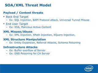 SOA/XML Threat Model
Payload / Content threats
• Back End Target
– Ex: SQL Injection, BAPI Protocol attack, Universal Tunnel Misuse
• End User Target
– Ex: XSS, Malicious Active Content
XML Misuse/Abuse
– Ex: XML Injection, XPath Injection, XQuery Injection,
XML Structure Manipulation
– Ex: Entity Expansion, Referral Attacks, Schema Poisoning
Infrastructure Attacks
– Ex: Buffer overflow of Server
– Ex: DNS Poisoning for CA Server
 