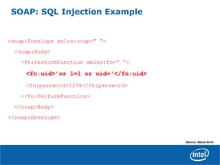 SOAP: SQL Injection Example
<soap:Envelope xmlns:soap=“ “>
<soap:Body>
<fn:PerformFunction xmlns:fn=“ “>
<fn:uid>’or 1=1 or uid=‘</fn:uid>
<fn:password>1234</fn:password>
</fn:PerformFunction>
</soap:Body>
</soap:Envelope>
Source: Steve Orrin
 