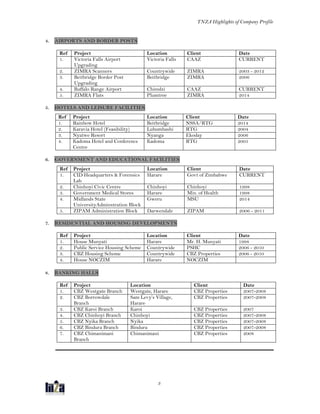 TNZA Highlights of Company Profile
3
4. AIRPORTS AND BORDER POSTS
5. HOTELS AND LEISURE FACILITIES
6. GOVERNMENT AND EDUCATIONAL FACILITIES
Ref Project Location Client Date
1. CID Headquarters & Forensics
Lab
Harare Govt of Zimbabwe CURRENT
2. Chinhoyi Civic Centre Chinhoyi Chinhoyi 1998
3. Government Medical Stores Harare Min. of Health 1998
4. Midlands State
UniversityAdminstration Block
Gweru MSU 2014
5. ZIPAM Administration Block Darwendale ZIPAM 2006 - 2011
7. RESIDENTIAL AND HOUSING DEVELOPMENTS
Ref Project Location Client Date
1. House Munyati Harare Mr. H. Munyati 1998
2. Public Service Housing Scheme Countrywide PSHC 2006 - 2010
3. CBZ Housing Scheme Countrywide CBZ Properties 2006 - 2010
4. House NOCZIM Harare NOCZIM
8. BANKING HALLS
Ref Project Location Client Date
1. CBZ Westgate Branch Westgate, Harare CBZ Properties 2007-2008
2. CBZ Borrowdale
Branch
Sam Levy’s Village,
Harare
CBZ Properties 2007-2008
3. CBZ Karoi Branch Karoi CBZ Properties 2007
4. CBZ Chinhoyi Branch Chinhoyi CBZ Properties 2007-2008
5. CBZ Nyika Branch Nyika CBZ Properties 2007-2008
6. CBZ Bindura Branch Bindura CBZ Properties 2007-2008
7. CBZ Chimanimani
Branch
Chimanimani CBZ Properties 2008
Ref Project Location Client Date
1. Victoria Falls Airport
Upgrading
Victoria Falls CAAZ CURRENT
2. ZIMRA Scanners Countrywide ZIMRA 2003 - 2012
3. Beitbridge Border Post
Upgrading
Beitbridge ZIMRA 2006
4. Buffalo Range Airport Chiredzi CAAZ CURRENT
5. ZIMRA Flats Plumtree ZIMRA 2014
Ref Project Location Client Date
1. Rainbow Hotel Beitbridge NSSA/RTG 2014
2. Karavia Hotel (Feasibility) Lubumbashi RTG 2004
3. Nyatwe Resort Nyanga Ekoday 2006
4. Kadoma Hotel and Conference
Centre
Kadoma RTG 2005
 