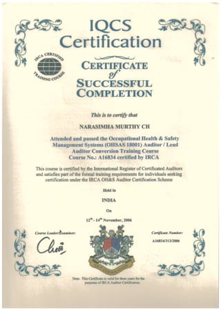 OHSAS & EMS Lead & Internal Auditor Certificates