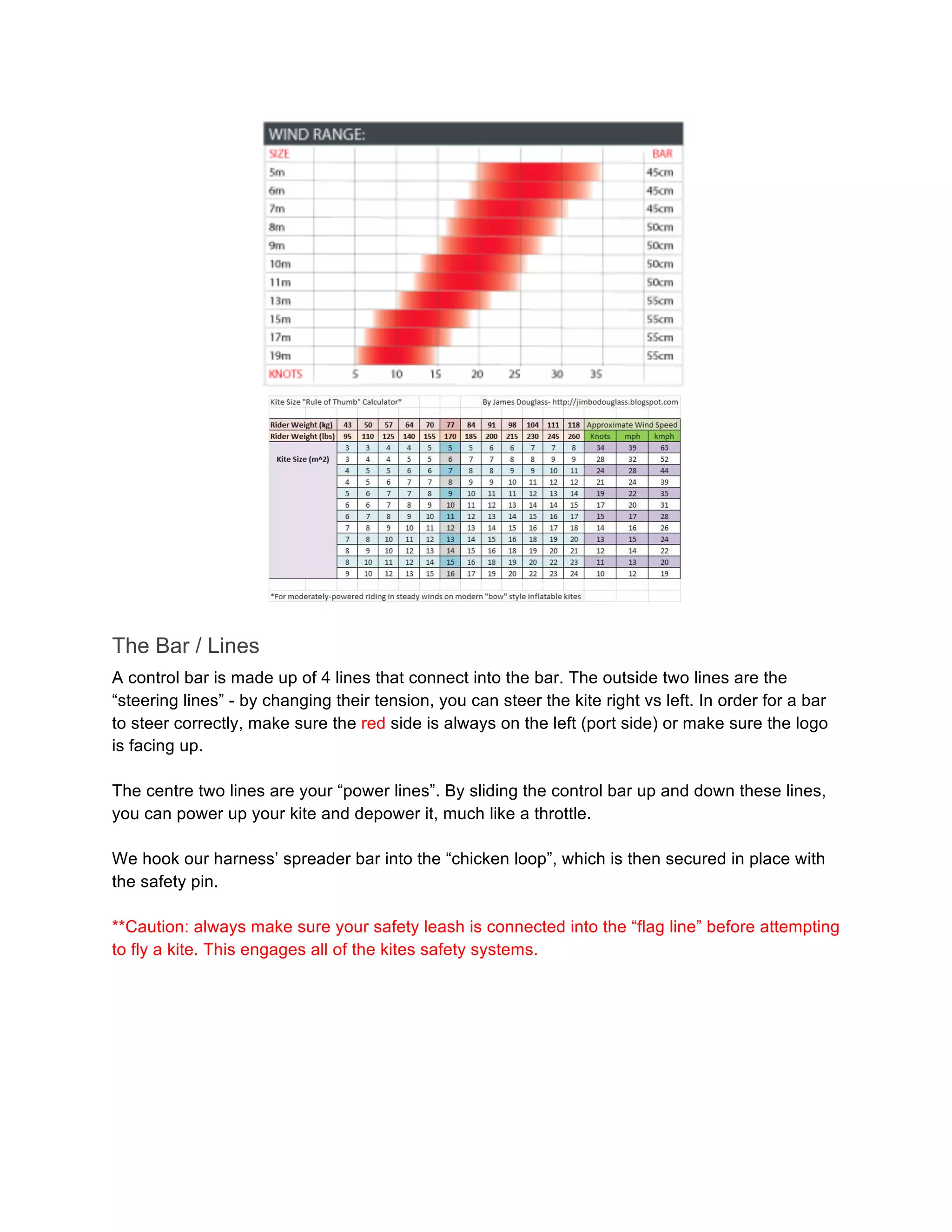 The Bar / Lines
A control bar is made up of 4 lines that connect into the bar. The outside two lines are the
“steering lines” - by changing their tension, you can steer the kite right vs left. In order for a bar
to steer correctly, make sure the red side is always on the left (port side) or make sure the logo
is facing up.
The centre two lines are your “power lines”. By sliding the control bar up and down these lines,
you can power up your kite and depower it, much like a throttle.
We hook our harness’ spreader bar into the “chicken loop”, which is then secured in place with
the safety pin.
**Caution: always make sure your safety leash is connected into the “flag line” before attempting
to fly a kite. This engages all of the kites safety systems.
 