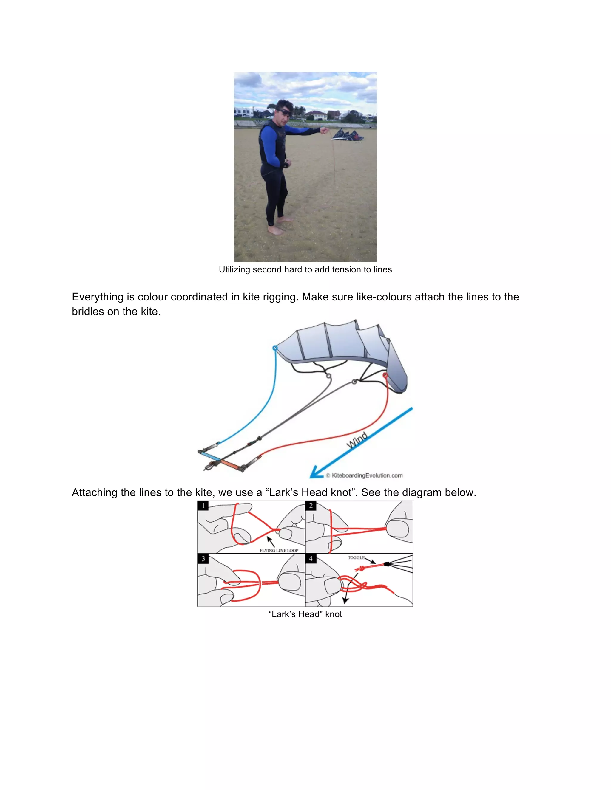 Utilizing second hard to add tension to lines
Everything is colour coordinated in kite rigging. Make sure like-colours attach the lines to the
bridles on the kite.
Attaching the lines to the kite, we use a “Lark’s Head knot”. See the diagram below.
“Lark’s Head” knot
 
