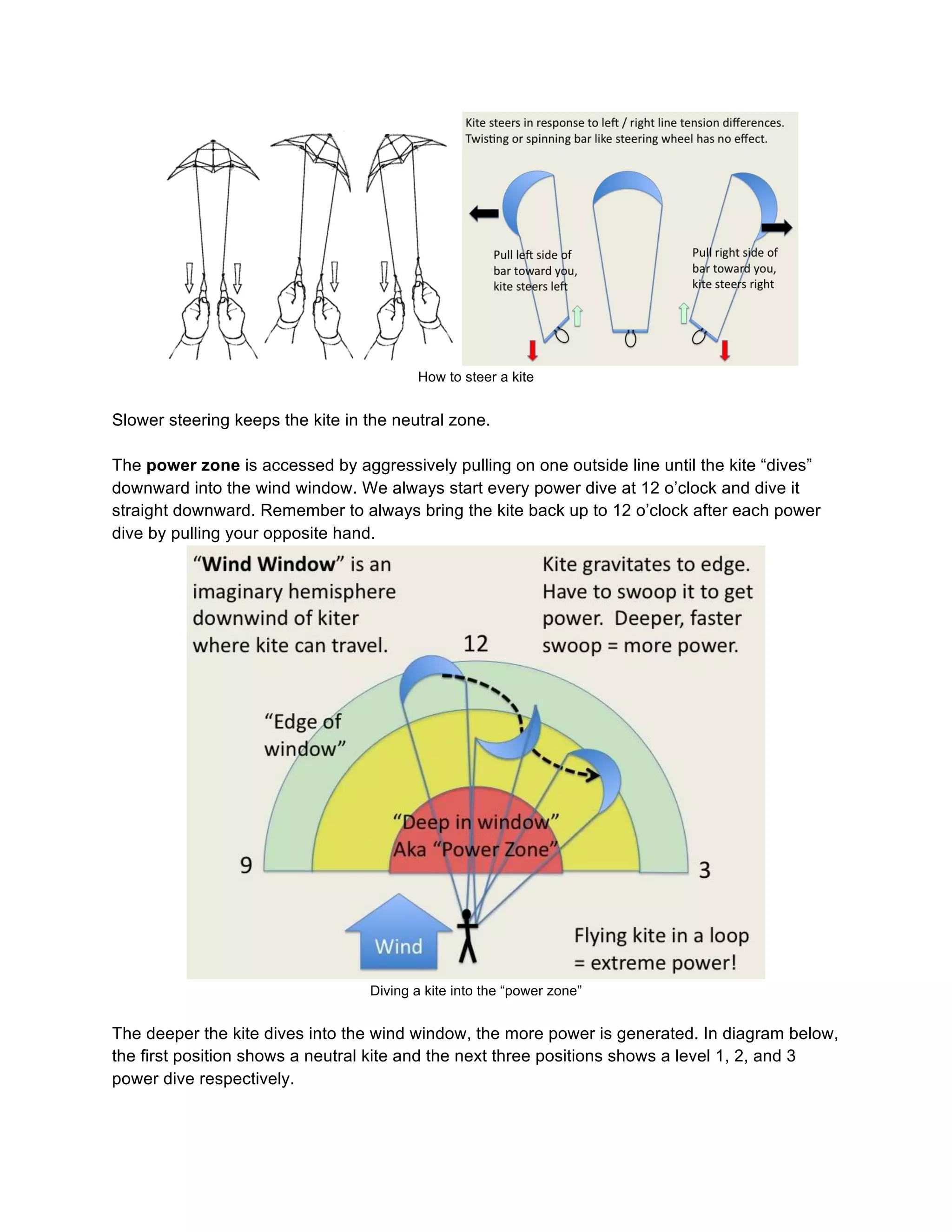 How to steer a kite
Slower steering keeps the kite in the neutral zone.
The power zone is accessed by aggressively pulling on one outside line until the kite “dives”
downward into the wind window. We always start every power dive at 12 o’clock and dive it
straight downward. Remember to always bring the kite back up to 12 o’clock after each power
dive by pulling your opposite hand.
Diving a kite into the “power zone”
The deeper the kite dives into the wind window, the more power is generated. In diagram below,
the first position shows a neutral kite and the next three positions shows a level 1, 2, and 3
power dive respectively.
 