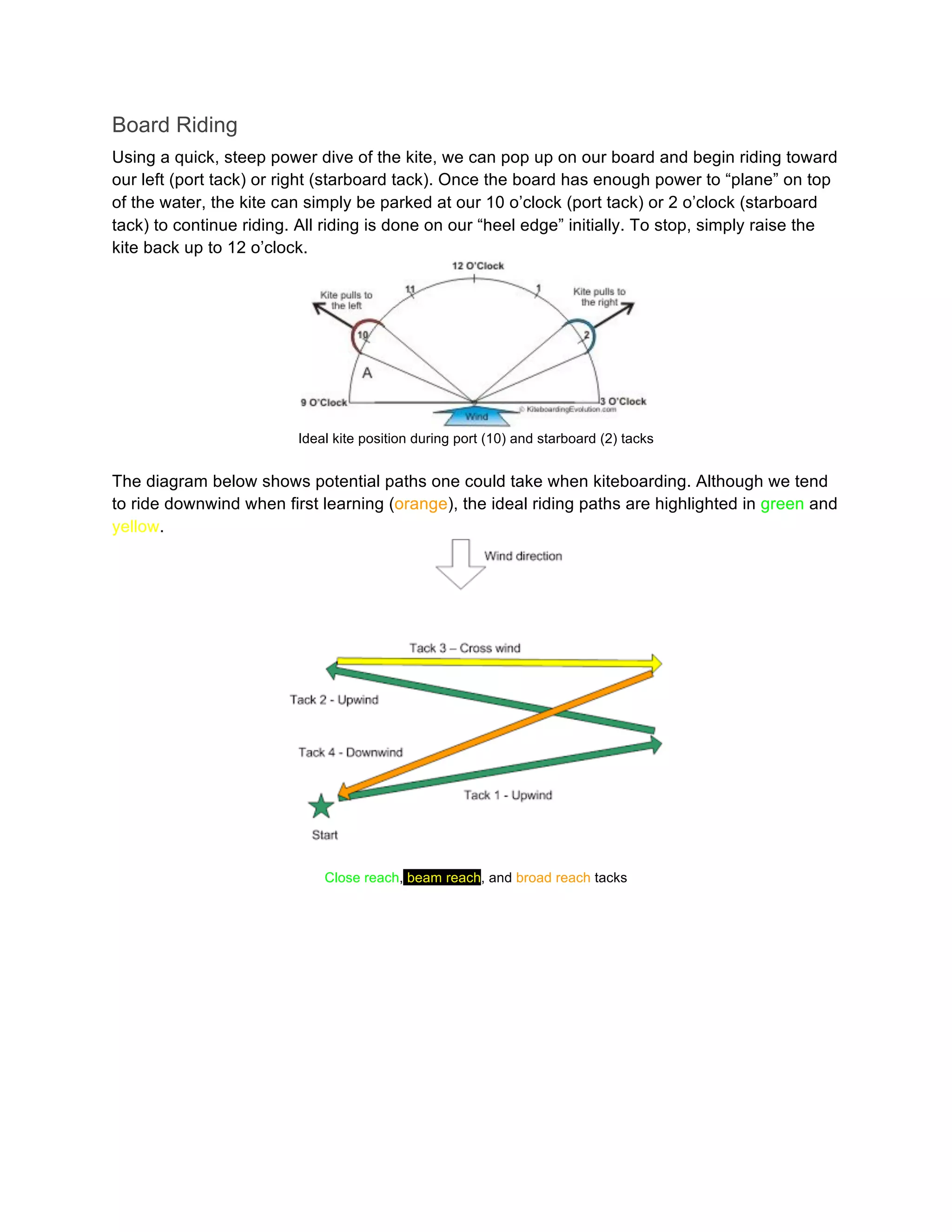 Board Riding
Using a quick, steep power dive of the kite, we can pop up on our board and begin riding toward
our left (port tack) or right (starboard tack). Once the board has enough power to “plane” on top
of the water, the kite can simply be parked at our 10 o’clock (port tack) or 2 o’clock (starboard
tack) to continue riding. All riding is done on our “heel edge” initially. To stop, simply raise the
kite back up to 12 o’clock.
Ideal kite position during port (10) and starboard (2) tacks
The diagram below shows potential paths one could take when kiteboarding. Although we tend
to ride downwind when first learning (orange), the ideal riding paths are highlighted in green and
yellow.
Close reach, beam reach, and broad reach tacks
 