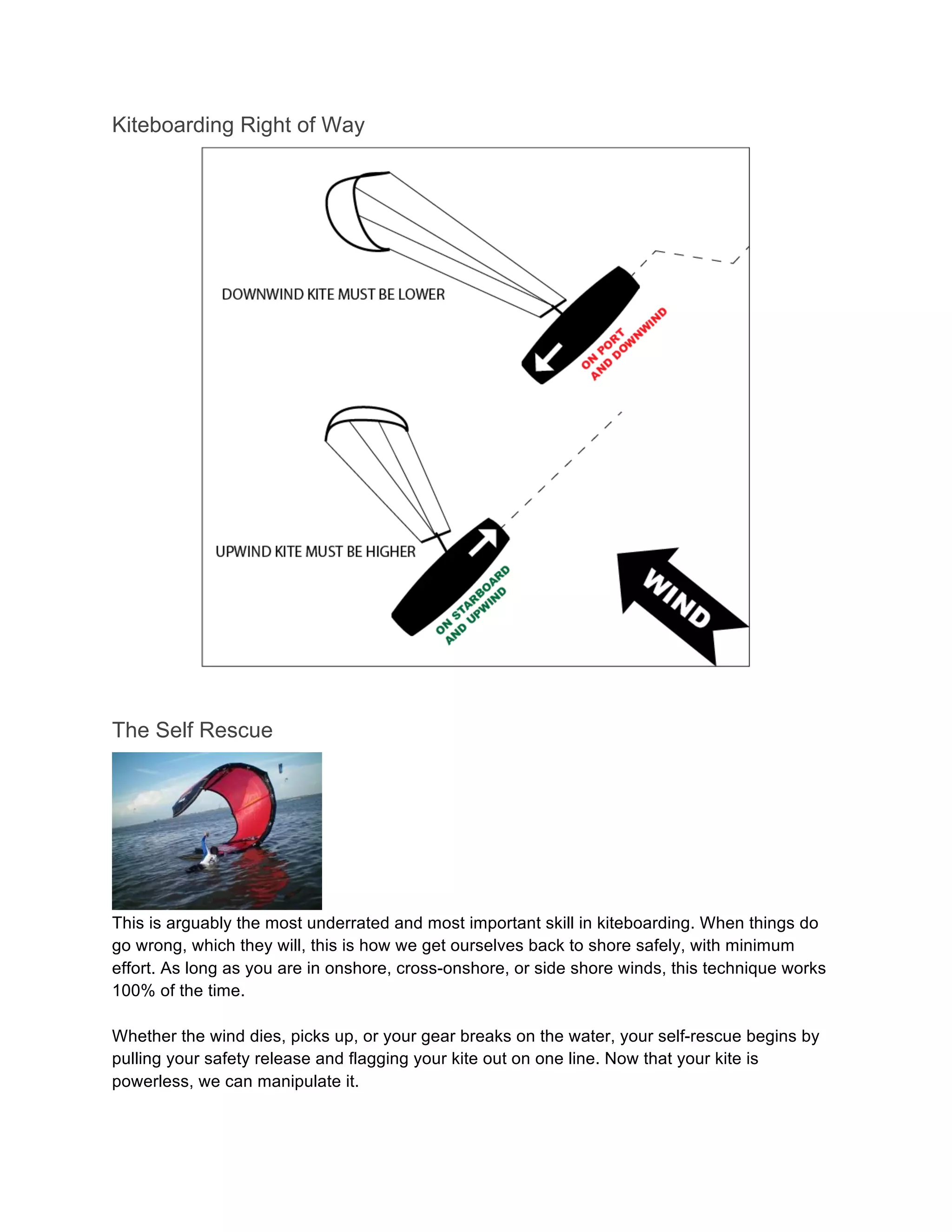 Kiteboarding Right of Way
The Self Rescue
This is arguably the most underrated and most important skill in kiteboarding. When things do
go wrong, which they will, this is how we get ourselves back to shore safely, with minimum
effort. As long as you are in onshore, cross-onshore, or side shore winds, this technique works
100% of the time.
Whether the wind dies, picks up, or your gear breaks on the water, your self-rescue begins by
pulling your safety release and flagging your kite out on one line. Now that your kite is
powerless, we can manipulate it.
 