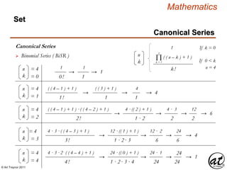 © Art Traynor 2011
Mathematics
Canonical Series
Set
Canonical Series
 Binomial Series ( BiSR )
n
k
= 4
= 0
1
0!
n
k
= 4
= 1
( ( 4 – 1 ) + 1 )
1!
n
k
= 4
= 2
( ( 4 – 1 ) + 1 ) · ( ( 4 – 2 ) + 1 )
2!
→
( ( 3 ) + 1 )
1
→
4
1
→ 4
1
1
→ → 1
4 · (( 2 ) + 1 )
1 · 2
→ → → 6
4 · 3
2
→
12
2
n
k
= 4
= 3
4 · 3 · ( ( 4 – 3 ) + 1 )
3!
12 · (( 1 ) + 1 )
1 · 2· 3
→ → → 4
12 · 2
6
→
24
6
n
k
= 4
= 4
4 · 3 · 2 ( ( 4 – 4 ) + 1 )
4!
24 · (( 0 ) + 1 )
1 · 2· 3 · 4
→ → → 1
24 · 1
24
→
24
24
n
k
( ( n – k ) + 1 )
1 If k = 0
k!
If 0 < kΠk = 1
n
n = 4
 