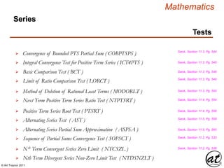 © Art Traynor 2011
Mathematics
Tests
Series
Convergence of Bounded PTS Partial Sum ( COBPTSPS )
Integral Convergence Test for Positive Term Series ( ICT4PTS )
Basic Comparison Test ( BCT )
Limit of Ratio Comparison Test ( LORCT )
Method of Deletion of Rational Least Terms ( MODORLT )
Next Term Positive Term Series Ratio Test ( NTPTSRT )
Positive Term Series Root Test ( PTSRT )
Alternating Series Test ( AST )
Alternating Series Partial Sum Approximation ( ASPSA )
Sequence of Partial Sums Convergence Test ( SOPSCT )
Nth Term Convergent Series Zero Limit ( NTCSZL )
Nth Term Divergent Series Non-Zero Limit Test ( NTDSNZLT )
Swok, Section 11.3, Pg. 544
Swok, Section 11.3, Pg. 545
Swok, Section 11.3, Pg. 548
Swok, Section 11.3, Pg. 550
Swok, Section 11.3, Pg. 549
Swok, Section 11.4, Pg. 554
Swok, Section 11.4, Pg. 556
Swok, Section 11.5, Pg. 558
Swok, Section 11.5, Pg. 560
Swok, Section 11.2, Pg. 533
Swok, Section 11.2, Pg. 538
 