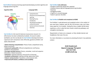 Fast ForWord increases learning capacity by developing essential cognitive and
language processing skills:
Cognitive Skills Language Skills
Fast ForWord is the result of extensive neuroscience research. Its
effectiveness has been validated by hundreds of research studies
worldwide over the last decade. As Fast ForWord develops the brain's
capacity to learn and process more efficiently, all brains (children and
adults alike) benefit:
• Better listening comprehension: Process faster, comprehend easily,
follow instructions
• Enhanced readingskills: Efficient comprehension and fluency;
confidence and enjoyment
• Stronger working memory: Process, remember, recall and sequence
information; follow instructions
• Attention: Improved attention necessary for all learning
• Academic achievement: Spelling; writing; organisation skills
• Clearer communication: Vocabulary; conversational skills
• Improved self-esteem, confidence and sociability
Fast ForWord also addresses:
• Students performing below their potential
• Auditory processing and language processing disorders
• Dyslexia
• Struggling readers
• English as a second language
• Autism spectrum disorders
Fast ForWord is flexible and completed at HOME
Fast ForWord is web-delivered and completed online in the comfort of
your own home. Students work 30, 40 or 50 minutes a day, any 5 days,
every week for 3 to 6 months. During this time a student will do many
repetitions as this is what the brain needs to build new pathways and
strengthen existing ones.
Requirements at home are a computer or iPad, reliable internet and
headphones that cover the ears.
For more information or assistance to unlocking the brain’s true potential,
contact:
Aniki Heydenrych
(Speech Language Therapist)
022 122 7149
ann@trainall.org
- Comprehension
- Phonemic(soundawareness)
- Spelling
- Readingfluency
- Vocabulary
- Decoding(soundingout
unfamiliarwords)
- Syntax (sentence structure)
- Grammar
 