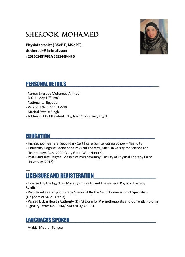 c v sherook two resume of physiotherapist