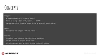 @eljuanchosf
Concepts
Triggers
A named channel for a class of events.
Fired by using a list of k,v pairs. -> EVENT!
Can be explicitly fired by a user or by an external event source.
Rules:
Associates one trigger with one action
Actions:
Stateless code snippets that run inside OpenWhisk
Can be invoked or respond to an event
Actions can call more actions, setting chains of actions
 