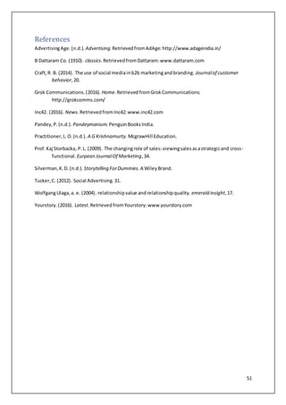 51
References
AdvertisingAge.(n.d.). Advertising.RetrievedfromAdAge: http://www.adageindia.in/
B Dattaram Co. (1910). classics.RetrievedfromDattaram:www.dattaram.com
Craft,R. B. (2014). The use of social mediainb2b marketingandbranding. Journalof customer
behavior,20.
Grok Communications.(2016). Home.Retrieved fromGrokCommunications:
http://grokcomms.com/
Inc42. (2016). News.RetrievedfromInc42:www.inc42.com
Pandey,P.(n.d.). Pandeymonium. PenguinBooksIndia.
Practitioner,L.O.(n.d.). A G Krishnamurty. McgrawHill Education.
Prof.Kaj Storbacka, P.L. (2009). The changingrole of sales:viewingsalesasastrategicand cross-
functional. Eurpean JournalOf Marketing,34.
Silverman,K.D.(n.d.). Storytelling ForDummies. A WileyBrand.
Tucker,C. (2012). Social Advertising.31.
WolfgangUlaga,a. e. (2004). relationshipvalue andrelationshipquality. emerald insight,17.
Yourstory.(2016). Latest.RetrievedfromYourstory:www.yourstory.com
 