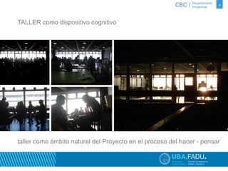 CBC / 4 Departamento 
Proyectual 
TALLER como dispositivo cognitivo 
taller como ámbito natural del Proyecto en el proceso del hacer - pensar 
 