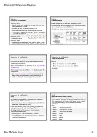 Diseño de Interfaces de Usuarios




      Escritura                                                                           Escritura
      Escrituras occidentales                                                             Extremo Oriente
       Escritura latina                                                                    Están basadas en los caracteres ideográficos chinos
       – La más usada (casi toda Europa, parte de Asia, casi toda                          Su antigüedad se remonta a 4000 años y se utilizan de esta
         África, América y Oceanía)                                                        forma desde hace más de 2000 años
       – Proviene del latín, con letras añadidas (J, W)                                    Actualmente se usan unos cuantos miles de caracteres
       – Algunas lenguas usan más letras y marcas diacríticas:
         • acento grave (` à), agudo (´ á), circunflejo (^ â), tilde (~ ã), diéresis (¨
           ä), círculo (º å) y slash (/ Ø).
                                                                                            Conjunto estándar:
         • En castellano, á, é, í, ó, ú, ü, ñ, ¿, ¡                                            20.000
       Escritura griega                                                                        caracteres
                                                                                            Conjunto extendido:
       – Usada en Grecia                                                                       50.000
       Escritura cirílica                                                                      caracteres
                                                                                            Mínimo para
       – Usada en los países eslavos (ruso, búlgaro, serbio...) y de                           conversar:
         Asia central (turcomeno, kurdo, uzbeko, kazakho, tajik...)                            3.000 caracteres




      Esquemas de codificación                                                            Esquemas de codificación
                                                                                          Tipos de esquemas

       Cada tipo de escritura ha de ser representada en                                    ASCII
       sistemas informáticos                                                               – Mapa de caracteres de un octeto (SBCS)
       Esta representación se concreta en un esquema de                                    – Mapa de caracteres de doble octeto (DBCS)
       codificación                                                                        Unicode
       Estos esquemas se codifican a través de mapas de
       caracteres
       – Los mapas de caracteres permiten la representación de
         escrituras en el ordenador e incluyen caracteres que no
         están en el alfabeto como los signos de puntuación




      Esquemas de codificación                                                            ASCII
      ASCII                                                                               Mapa de un sólo octeto (SBCS)

       El mapa de caracteres ASCII está basado en el alfabeto                              Son mapas de caracteres de hasta 256 caracteres (256=28)
       latino y consta de 128 caracteres                                                   Son una extensión del código ASCII, al que se han añadido
       – Los caracteres en el rango de 0 a 31 y el carácter 127 son                        128 caracteres, del 128 al 255 (mapa de caracteres
         especiales, típicamente de control                                                extendido)
                                                                                           ISO
       Cada carácter es un índice en el mapa de caracteres, por
       ejemplo el número 65 es la letra ‘A’ y el 97 la ‘a’                                 – 8859-2   Latín europa del este
       El código ASCII de 128 caracteres sólo se utilizaba                                 – 8859-5   Cirílico Europa del este
       inicialmente para el inglés                                                         – 8859-1   Latín Europa del Oeste
       – En principio con 128 caracteres había bastante                                    – 8859-7   Griego
       – Al ampliarlo a nuevos idiomas se empezaron a utilizar los                         – 8859-3   Turco
         restantes 128 caracteres                                                          – 8859-8   Hebreo
                                                                                           – 8859-6   Árabe




Diaz Muñante Jorge                                                                                                                                      5
 