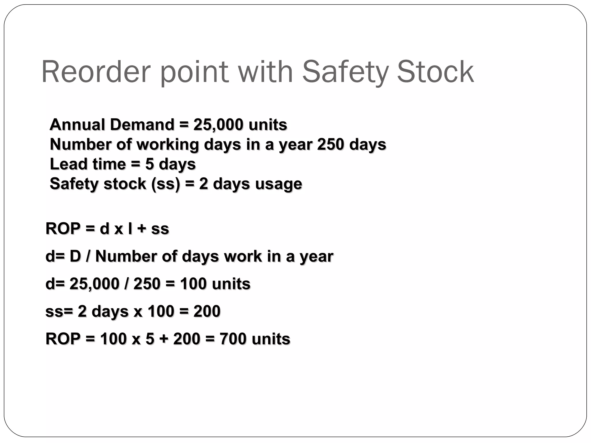 Reorder point with Safety Stock Annual Demand = 25,000 units  Number of working days in a year 250 days Lead time = 5 days Safety stock (ss) = 2 days usage ROP = d x l + ss d= D / Number of days work in a year d= 25,000 / 250 = 100 units  ss= 2 days x 100 = 200 ROP = 100 x 5 + 200 = 700 units 