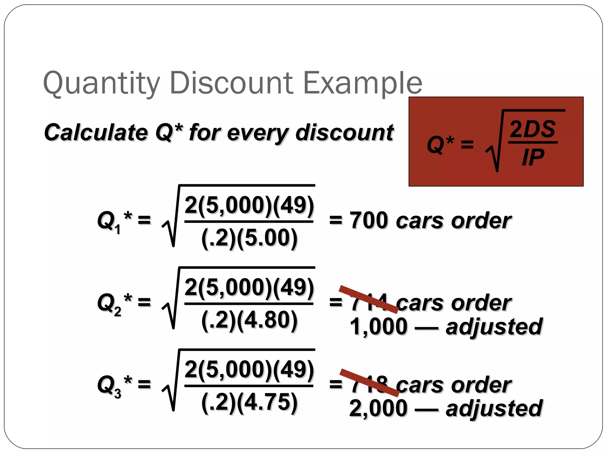 Quantity Discount Example Calculate Q* for every discount Q* = 2 DS IP Q 1 *  =  = 700  cars order 2(5,000)(49) (.2)(5.00) Q 2 *  =  = 714  cars order 2(5,000)(49) (.2)(4.80) Q 3 *  =  = 718  cars order 2(5,000)(49) (.2)(4.75) 1,000  — adjusted 2,000  — adjusted 