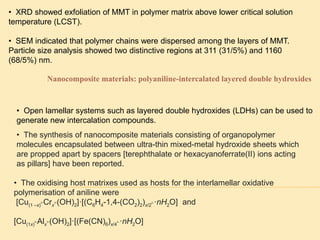 • XRD showed exfoliation of MMT in polymer matrix above lower critical solution
temperature (LCST).
• SEM indicated that polymer chains were dispersed among the layers of MMT.
Particle size analysis showed two distinctive regions at 311 (31/5%) and 1160
(68/5%) nm.
Nanocomposite materials: polyaniline-intercalated layered double hydroxides
• Open lamellar systems such as layered double hydroxides (LDHs) can be used to
generate new intercalation compounds.
• The oxidising host matrixes used as hosts for the interlamellar oxidative
polymerisation of aniline were
[Cu(1 –x)
2+Crx
3+(OH)2]·[(C6H4-1,4-(CO2)2)x/2
2–·nH2O] and
[Cu(1x)
2+Alx
3+(OH)2]·[(Fe(CN)6)x/4
4–·nH2O]
• The synthesis of nanocomposite materials consisting of organopolymer
molecules encapsulated between ultra-thin mixed-metal hydroxide sheets which
are propped apart by spacers [terephthalate or hexacyanoferrate(II) ions acting
as pillars] have been reported.
 