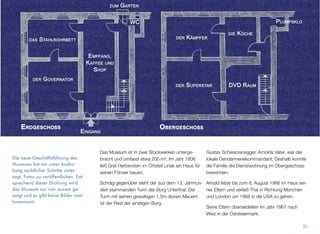 Die neue Geschäftsführung des
Museums hat mir unter Andro-
hung rechtlicher Schritte unter-
sagt, Fotos zu veröffentlichen. Ent-
sprechend dieser Drohung wird
das Museum nur von aussen ge-
zeigt und es gibt keine Bilder vom
Innenraum.
Das Museum ist in zwei Stockwerken unterge-
bracht und umfasst etwa 200 m². Im Jahr 1806
ließ Graf Herberstein im Ortsteil Linak ein Haus für
seinen Förster bauen.
Schräg gegenüber steht der aus dem 13. Jahrhun-
dert stammenden Turm der Burg Unterthal. Der
Turm mit seinen gewaltigen 1,5m dicken Mauern
ist der Rest der einstigen Burg.
Gustav Schwarzenegger, Arnolds Vater, war der
lokale Gendarmeriekommandant. Deshalb konnte
die Familie die Dienstwohnung im Obergeschoss
bewohnen.
Arnold lebte bis zum 8. August 1966 im Haus sei-
ner Eltern und verließ Thal in Richtung München
und London um 1968 in die USA zu gehen.
Seine Eltern übersiedelten im Jahr 1967 nach
Weiz in der Oststeiermark.
31
 