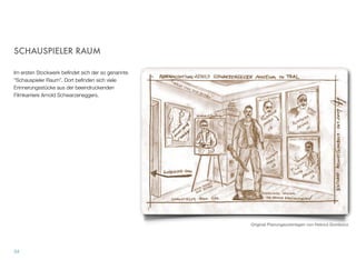 SCHAUSPIELER RAUM
Im ersten Stockwerk beﬁndet sich der so genannte
“Schauspieler Raum”. Dort beﬁnden sich viele Erinne-
rungsstücke aus der beeindruckenden Filmkarriere
Arnold Schwarzeneggers.
33
Original Planungsunterlagen von Helmut Gombocz
 