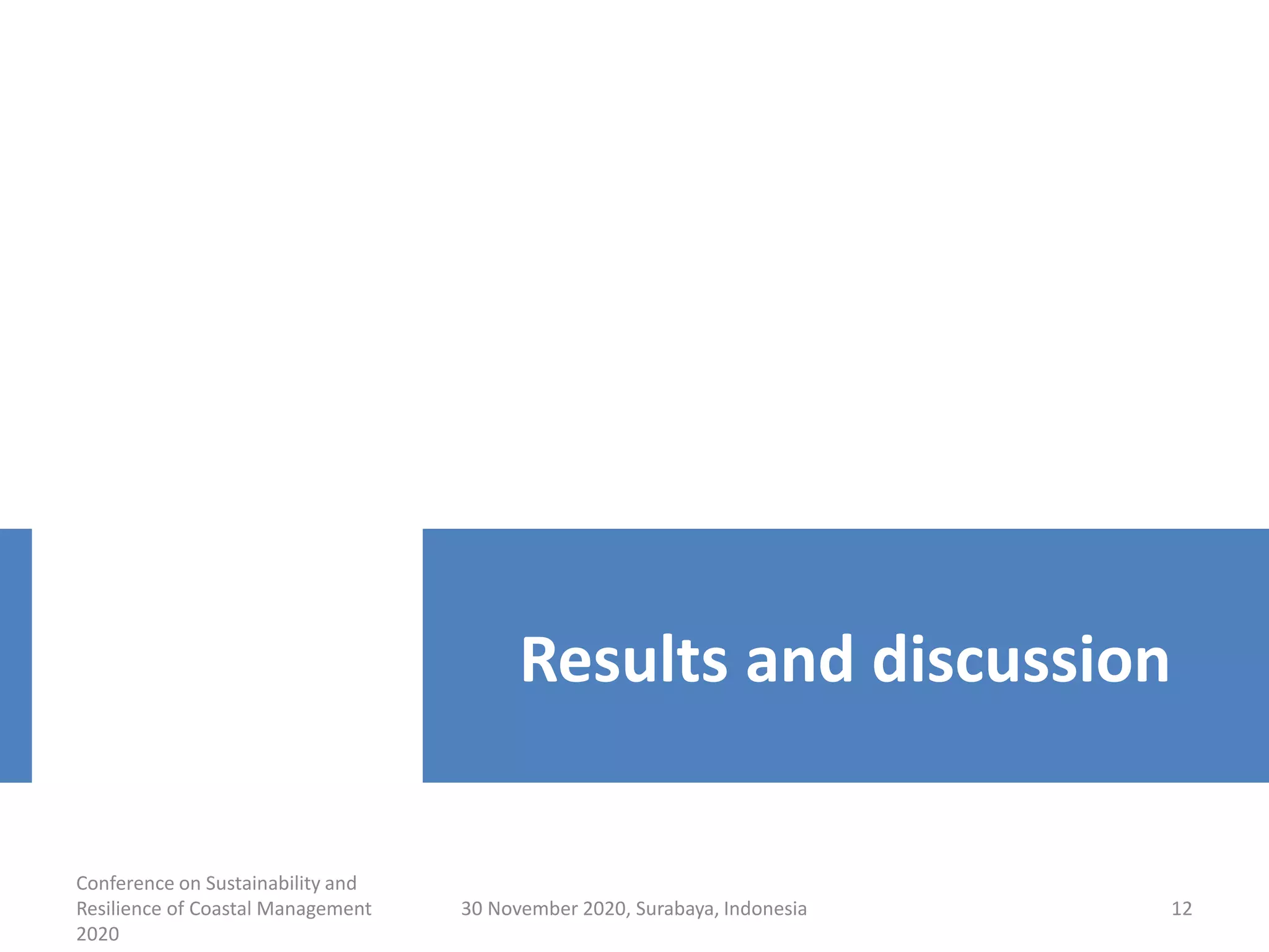 Conference on Sustainability and
Resilience of Coastal Management
2020
30 November 2020, Surabaya, Indonesia 12
Results and discussion
 