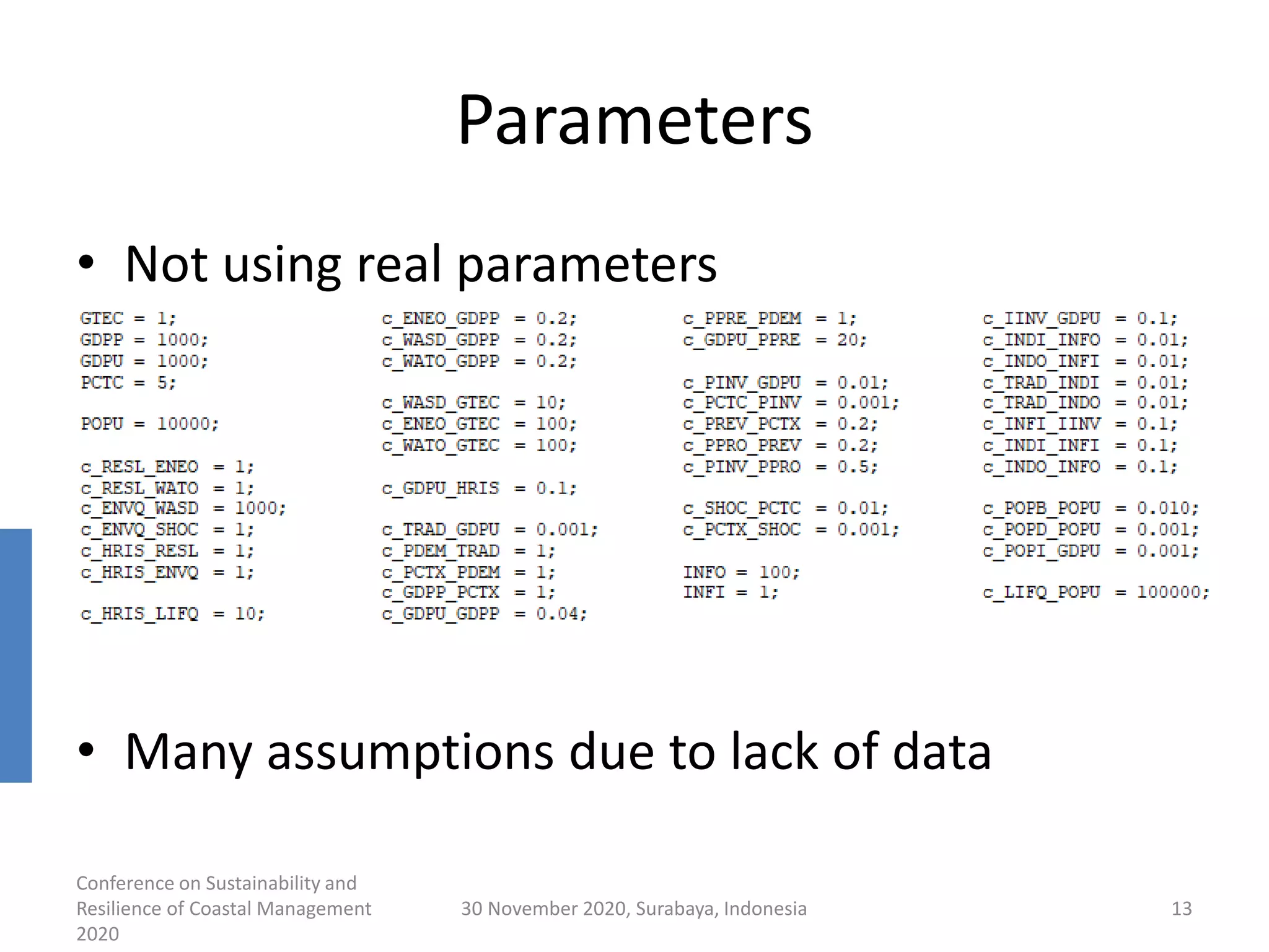 Parameters
• Not using real parameters
• Many assumptions due to lack of data
Conference on Sustainability and
Resilience of Coastal Management
2020
30 November 2020, Surabaya, Indonesia 13
 