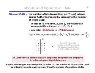 22
Ak
Bk
Ak
Bk
Modulation of Digital Data: QAM
1616--level QAMlevel QAM – the number of bits transmitted per T [sec] interval
can be further increased by increasing the number
of levels used
• in case of 16-level QAM, Ak and Bk individually can
assume 4 different levels: -1, -1/3, 1/3, 1
• data rate: 4 bits/pulse ⇒ 4W bits/second
( ) )
A
B
tantfcos(2BAt)fsin(2Bt)fcos(2AY(t)
k
k1-
ckkckck ++=+= πππ 2
1
22
In QAM various combinations of amplitude and phase are employed
to achieve higher digital data rates.
Amplitude changes are susceptible to noise ⇒ the number of phase shifts used
by a QAM system is always greater than the number of amplitude shifts.
Ak and Bk individually
can take on 4 different values;
the resultant signal can take
on (only) 3 different values!!!
 