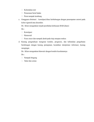  Kelemahan otot
 Penurunan berat badan
 Perut nampak kembung
c. Gangguan eliminasi : konstipasi/diare berhubungan dengan penempatan ostomi pada
kolon sigmoid atau desenden.
Ds : Klien mengatakan terjadi perubahan kebiasaan BAB (diare)
Do :
 Konstipasi
 Hemoroid
 Feses encer dan nampak darah pada tinja ataupun mukus
d. Kurang pengetahuan mengenai kondisi, prognosis, dan kebutuhan pengobatan
berubungan dengan kurang pemajanan; kesalahan interpretasi informasi; kurang
mengingat.
Ds : Klien mengatakan khawatir dengan kondisi kesehatannya
Do :
 Nampak bingung
 Takut dan cemas

 