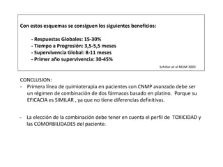 - La elección de la combinación debe tener en cuenta el perfil de TOXICIDAD y
las COMORBILIDADES del paciente.
Con estos esquemas se consiguen los siguientes beneficios:
- Respuestas Globales: 15-30%
- Tiempo a Progresión: 3,5-5,5 meses
- Supervivencia Global: 8-11 meses
- Primer año supervivencia: 30-45%
CONCLUSION:
- Primera línea de quimioterapia en pacientes con CNMP avanzado debe ser
un régimen de combinación de dos fármacos basado en platino. Porque su
EFICACIA es SIMILAR , ya que no tiene diferencias definitivas.
Schiller et al NEJM 2002
 