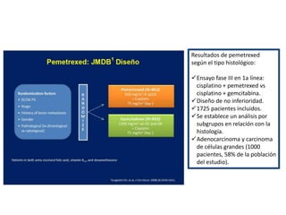 Resultados de pemetrexed
según el tipo histológico:
Ensayo fase III en 1a línea:
cisplatino + pemetrexed vs
cisplatino + gemcitabina.
Diseño de no inferioridad.
1725 pacientes incluidos.
Se establece un análisis por
subgrupos en relación con la
histología.
Adenocarcinoma y carcinoma
de células grandes (1000
pacientes, 58% de la población
del estudio).
 