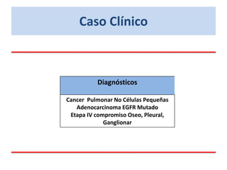 Diagnósticos
Cancer Pulmonar No Células Pequeñas
Adenocarcinoma EGFR Mutado
Etapa IV compromiso Oseo, Pleural,
Ganglionar
Caso Clínico
 