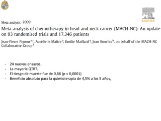 - 24 nuevos ensayos.
- La mayoría QTRT.
- El riesgo de muerte fue de 0,88 (p < 0,0001)
- Beneficio absoluto para la quimioterapia de 4,5% a los 5 años,
2009
 