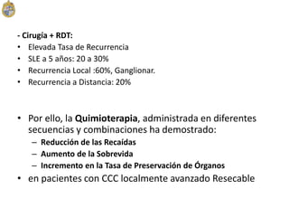 - Cirugía + RDT:
• Elevada Tasa de Recurrencia
• SLE a 5 años: 20 a 30%
• Recurrencia Local :60%, Ganglionar.
• Recurrencia a Distancia: 20%
• Por ello, la Quimioterapia, administrada en diferentes
secuencias y combinaciones ha demostrado:
– Reducción de las Recaídas
– Aumento de la Sobrevida
– Incremento en la Tasa de Preservación de Órganos
• en pacientes con CCC localmente avanzado Resecable
 