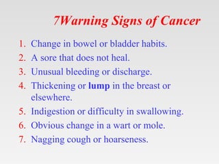 7Warning Signs of Cancer
1. Change in bowel or bladder habits.
2. A sore that does not heal.
3. Unusual bleeding or discharge.
4. Thickening or lump in the breast or
elsewhere.
5. Indigestion or difficulty in swallowing.
6. Obvious change in a wart or mole.
7. Nagging cough or hoarseness.
 