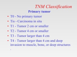 TNM Classification
Primary tumor
• T0 - No primary tumor
• Tis - Carcinoma in situ
• T1 - Tumor 2 cm or smaller
• T2 - Tumor 4 cm or smaller
• T3 - Tumor larger than 4 cm
• T4 - Tumor larger than 4 cm and deep
invasion to muscle, bone, or deep structures
.
 