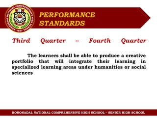 KORONADAL NATIONAL COMPREHENSIVE HIGH SCHOOL – SENIOR HIGH SCHOOL
Third Quarter – Fourth Quarter
The learners shall be able to produce a creative
portfolio that will integrate their learning in
specialized learning areas under humanities or social
sciences
PERFORMANCE
STANDARDS
 