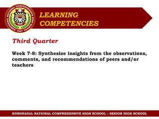 KORONADAL NATIONAL COMPREHENSIVE HIGH SCHOOL – SENIOR HIGH SCHOOL
Third Quarter
Week 7-8: Synthesize insights from the observations,
comments, and recommendations of peers and/or
teachers
LEARNING
COMPETENCIES
 