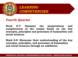 KORONADAL NATIONAL COMPREHENSIVE HIGH SCHOOL – SENIOR HIGH SCHOOL
Fourth Quarter
Week 6-7: Examine the preparedness and
completeness of the output based on the key
concepts, principles and processes of humanities and
social sciences
Week 8-9: Showcase their understanding of the key
concepts, principles, and processes of humanities
and social sciences through an exhibition
LEARNING
COMPETENCIES
 