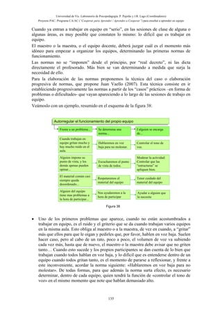 Universidad de Vic. Laboratorio de Psicopedagogía. P. Pujolàs y J.R. Lago (Coordinadores)
Proyecto PAC: Programa CA/AC (“Cooperar para Aprender / Aprender a Cooperar”) para enseñar a aprender en equipo
135
Cuando ya entran a trabajar en equipo en “serio”, en las sesiones de clase de alguna o
algunas áreas, es muy posible que constaten lo mismo: lo difícil que es trabajar en
equipo.
El maestro o la maestra, o el equipo docente, deberá juzgar cuál es el momento más
idóneo para empezar a organizar los equipos, determinando las primeras normas de
funcionamiento.
Las normas no se “imponen” desde el principio, por “real decreto”, ni las dicta
directamente el profesorado. Más bien se van determinando a medida que surja la
necesidad de ello.
Para la elaboración de las normas proponemos la técnica del caso o elaboración
progresiva de normas, que propone Juan Vaello (2007). Esta técnica consiste en ir
estableciendo progresivamente las normas a partir de los “casos” prácticos –en forma de
problemas o dificultades- que vayan apareciendo a lo largo de las sesiones de trabajo en
equipo.
Veámoslo con un ejemplo, resumido en el esquema de la figura 38:
Cuando trabajan en
equipo gritan mucho y
hay mucho ruido en el
aula.
Frente a un problema... Se determina una
norma...
I alguien se encarga
de...
Alguien impone su
punto de vista, y los
demás apenas pueden
opinar...
El material común casi
siempre queda
desordenado...
Alguien del equipo
tiene mas problemas a
la hora de participar...
Hablaremos en voz
baja para no molestar.
Controlar el tono de
voz.
Escucharemos el punto
de vista de todos.
Moderar la actividad:
Controlar que las
“estructuras” se
apliquen bien.
Respetaremos el
material del equipo
Tener cuidado del
material del equipo
Nos ayudaremos a la
hora de participar
Ayudar a alguien que
lo necesite
Autorregular el funcionamiento del propio equipoAutorregular el funcionamiento del propio equipo
Figura 38
• Uno de los primeros problemas que aparece, cuando no están acostumbrados a
trabajar en equipo, es el ruido y el griterío que se da cuando trabajan varios equipos
en la misma aula. Esto obliga al maestro o a la maestra, de vez en cuando, a “gritar”
más que ellos para que le oigan y pedirles que, por favor, hablen en voz baja. Suelen
hacer caso, pero al cabo de un rato, poco a poco, el volumen de voz va subiendo
cada vez más, hasta que de nuevo, el maestro o la maestra debe avisar que no griten
tanto… Cuando esto sucede y los propios participantes se dan cuenta de lo bien que
trabajan cuando todos hablan en voz baja, y lo difícil que es entenderse dentro de un
equipo cuando todos gritan tanto, es el momento de pararse a reflexionar, y frente a
este inconveniente, acordar la norma siguiente: «Hablaremos en voz baja para no
molestar». De todas formas, para que además la norma surta efecto, es necesario
determinar, dentro de cada equipo, quien tendrá la función de «controlar el tono de
voz» en el mismo momento que note que hablan demasiado alto.
 