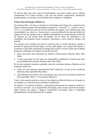 Universidad de Vic. Laboratorio de Psicopedagogía. P. Pujolàs y J.R. Lago (Coordinadores)
Proyecto PAC: Programa CA/AC (“Cooperar para Aprender / Aprender a Cooperar”) para enseñar a aprender en equipo
142
Se trata de algo muy nuevo para los participantes, muy poco común, que no utilizan
normalmente en el marco escolar, y que, por este motivo, proponemos introducirlo
paulatinamente, en formatos sucesivamente más completos y complejos.
Primer Plan del Equipo (Modelo 1):
En el primer Plan –tal como se muestra en el formulario de la figura 42- constan los dos
objetivos básicos propios del aprendizaje cooperativo (“aprender” y “ayudarse unos a
otros”) y el nombre de cada uno de los miembros del equipo, con la función que tiene
encomendada. Los objetivos y las funciones o responsabilidades de cada uno dentro del
equipo son los dos aspectos que se tendrán especialmente en cuenta durante el periodo
de vigencia de este primer Plan del Equipo. Por lo tanto, los educadores y las
educadoras del programa harán constantes referencias a estos aspectos durante este
período.
Los espacios con el fondo azul claro se reservan para la revisión del plan: cuando el
período de vigencia del mismo llegue a su fin, cada equipo, con el apoyo del maestro o
la maestra si hace falta, destinarán un tiempo de la sesión a revisar el plan que se habían
propuesto, señalando en el espacio reservado para ello:
• Hasta qué punto han alcanzado los objetivos (Necesitamos Mejorar, Bien, Muy
Bien)
• Y hasta qué punto ha sido cada uno responsable cumpliendo la función que tenía
encomendada (Necesitamos Mejorar, Bien, Muy Bien)
En los dos recuadros restantes responden estas dos cuestiones abiertas, fijándose en las
respuestas anteriores:
• ¿Qué es lo que hacemos especialmente bien? (Equivale a lo que en las cuestiones
anteriores han respondido Muy Bien)
• ¿Qué debemos de mejorar? (Se corresponde con lo que en las cuestiones anteriores
han respondido “Bien” o “Necesitamos Mejorar”).
Tanto en los aspectos positivos como en los negativos deben de fijarse en el equipo en
su conjunto y en cada uno de sus miembros en particular.
El maestro o la maestra resaltarán y reforzarán positivamente los aspectos positivos e
invitarán a concretar –en el segundo Plan del Equipo, para un nuevo período de tiempo-
algún objetivo de equipo y algunos compromisos personales, para ir mejorando
paulatinamente el funcionamiento de su equipo.
 