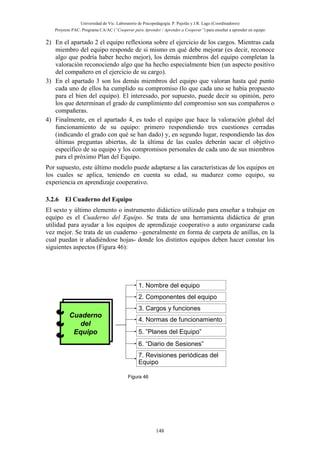 Universidad de Vic. Laboratorio de Psicopedagogía. P. Pujolàs y J.R. Lago (Coordinadores)
Proyecto PAC: Programa CA/AC (“Cooperar para Aprender / Aprender a Cooperar”) para enseñar a aprender en equipo
148
2) En el apartado 2 el equipo reflexiona sobre el ejercicio de los cargos. Mientras cada
miembro del equipo responde de si mismo en qué debe mejorar (es decir, reconoce
algo que podría haber hecho mejor), los demás miembros del equipo completan la
valoración reconociendo algo que ha hecho especialmente bien (un aspecto positivo
del compañero en el ejercicio de su cargo).
3) En el apartado 3 son los demás miembros del equipo que valoran hasta qué punto
cada uno de ellos ha cumplido su compromiso (lo que cada uno se había propuesto
para el bien del equipo). El interesado, por supuesto, puede decir su opinión, pero
los que determinan el grado de cumplimiento del compromiso son sus compañeros o
compañeras.
4) Finalmente, en el apartado 4, es todo el equipo que hace la valoración global del
funcionamiento de su equipo: primero respondiendo tres cuestiones cerradas
(indicando el grado con qué se han dado) y, en segundo lugar, respondiendo las dos
últimas preguntas abiertas, de la última de las cuales deberán sacar el objetivo
específico de su equipo y los compromisos personales de cada uno de sus miembros
para el próximo Plan del Equipo.
Por supuesto, este último modelo puede adaptarse a las características de los equipos en
los cuales se aplica, teniendo en cuenta su edad, su madurez como equipo, su
experiencia en aprendizaje cooperativo.
3.2.6 El Cuaderno del Equipo
El sexto y último elemento o instrumento didáctico utilizado para enseñar a trabajar en
equipo es el Cuaderno del Equipo. Se trata de una herramienta didáctica de gran
utilidad para ayudar a los equipos de aprendizaje cooperativo a auto organizarse cada
vez mejor. Se trata de un cuaderno –generalmente en forma de carpeta de anillas, en la
cual puedan ir añadiéndose hojas- donde los distintos equipos deben hacer constar los
siguientes aspectos (Figura 46):
1. Nombre del equipo
2. Componentes del equipo
3. Cargos y funciones
4. Normas de funcionamiento
5. ”Planes del Equipo”
6. “Diario de Sesiones”
7. Revisiones periódicas del
Equipo
Cuaderno
del
Equipo
Figura 46
 