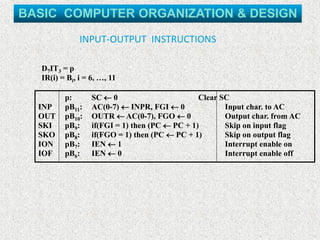 INPUT-OUTPUT INSTRUCTIONS
D7IT3 = p
IR(i) = Bi, i = 6, …, 11
p: SC  0 Clear SC
INP pB11: AC(0-7)  INPR, FGI  0 Input char. to AC
OUT pB10: OUTR  AC(0-7), FGO  0 Output char. from AC
SKI pB9: if(FGI = 1) then (PC  PC + 1) Skip on input flag
SKO pB8: if(FGO = 1) then (PC  PC + 1) Skip on output flag
ION pB7: IEN  1 Interrupt enable on
IOF pB6: IEN  0 Interrupt enable off
BASIC COMPUTER ORGANIZATION & DESIGN
 
