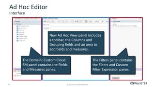 Ad Hoc Editor 
Interface 
New Ad Hoc View panel includes 
a toolbar, the Columns and 
Grouping fields and an area to 
add fields and measures. 
The Domain: Custom Cloud 
SM panel contains the Fields 
and Measures panes. 
13 © 2014 CA. ALL RIGHTS RESERVED. 
The Filters panel contains 
the Filters and Custom 
Filter Expression panes. 
 