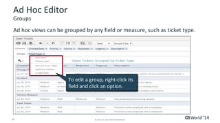 Ad Hoc Editor 
Groups 
Ad hoc views can be grouped by any field or measure, such as ticket type. 
To edit a group, right-click its 
field and click an option. 
14 © 2014 CA. ALL RIGHTS RESERVED. 
 