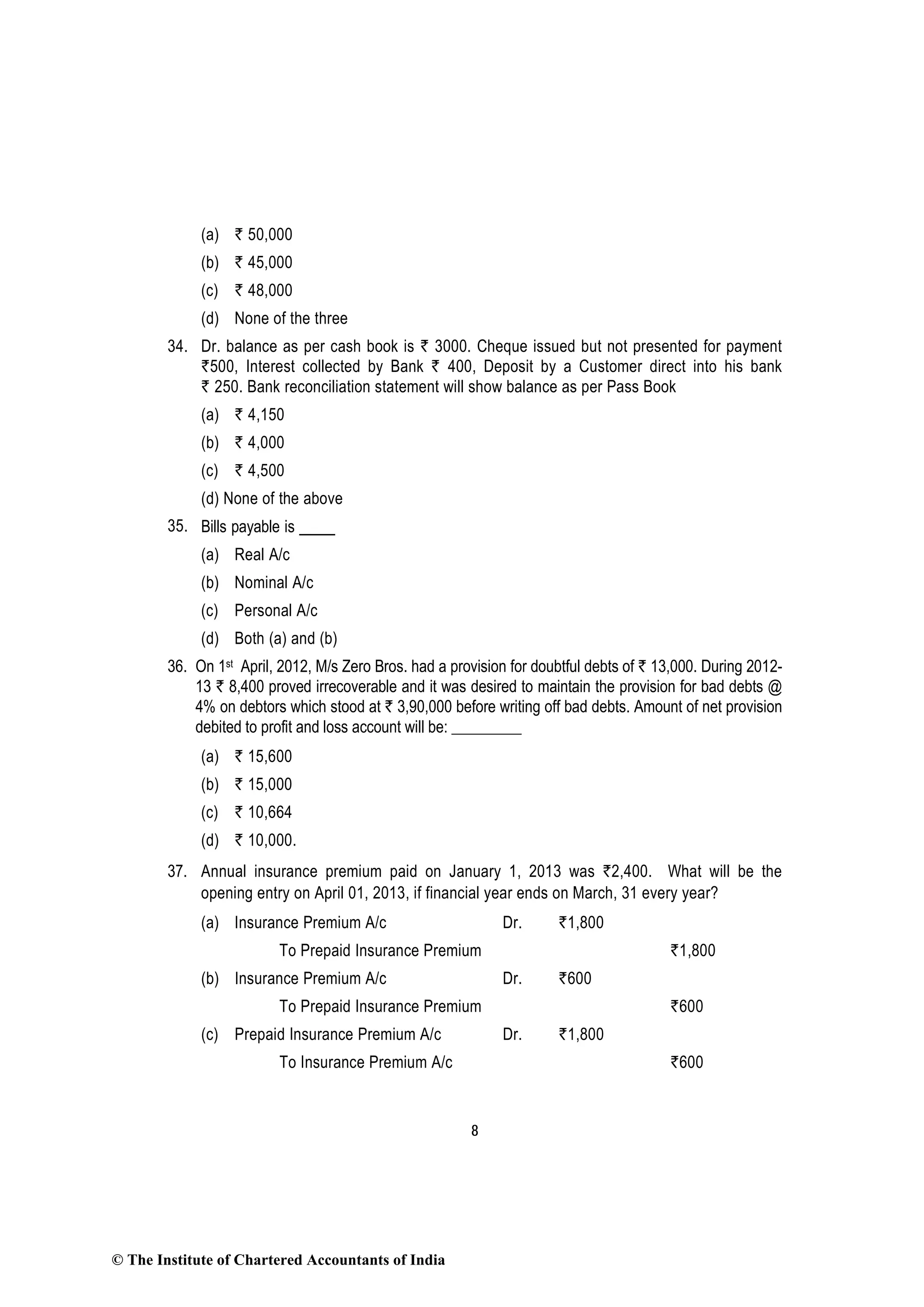 8
(a) ` 50,000
(b) ` 45,000
(c) ` 48,000
(d) None of the three
34. Dr. balance as per cash book is ` 3000. Cheque issued but not presented for payment
`500, Interest collected by Bank ` 400, Deposit by a Customer direct into his bank
` 250. Bank reconciliation statement will show balance as per Pass Book
(a) ` 4,150
(b) ` 4,000
(c) ` 4,500
(d) None of the above
35. Bills payable is
(a) Real A/c
(b) Nominal A/c
(c) Personal A/c
(d) Both (a) and (b)
36. On 1st April, 2012, M/s Zero Bros. had a provision for doubtful debts of ` 13,000. During 2012-
13 ` 8,400 proved irrecoverable and it was desired to maintain the provision for bad debts @
4% on debtors which stood at ` 3,90,000 before writing off bad debts. Amount of net provision
debited to profit and loss account will be: _________
(a) ` 15,600
(b) ` 15,000
(c) ` 10,664
(d) ` 10,000.
37. Annual insurance premium paid on January 1, 2013 was `2,400. What will be the
opening entry on April 01, 2013, if financial year ends on March, 31 every year?
(a) Insurance Premium A/c Dr. `1,800
To Prepaid Insurance Premium `1,800
(b) Insurance Premium A/c Dr. `600
To Prepaid Insurance Premium `600
(c) Prepaid Insurance Premium A/c Dr. `1,800
To Insurance Premium A/c `600
© The Institute of Chartered Accountants of India
 