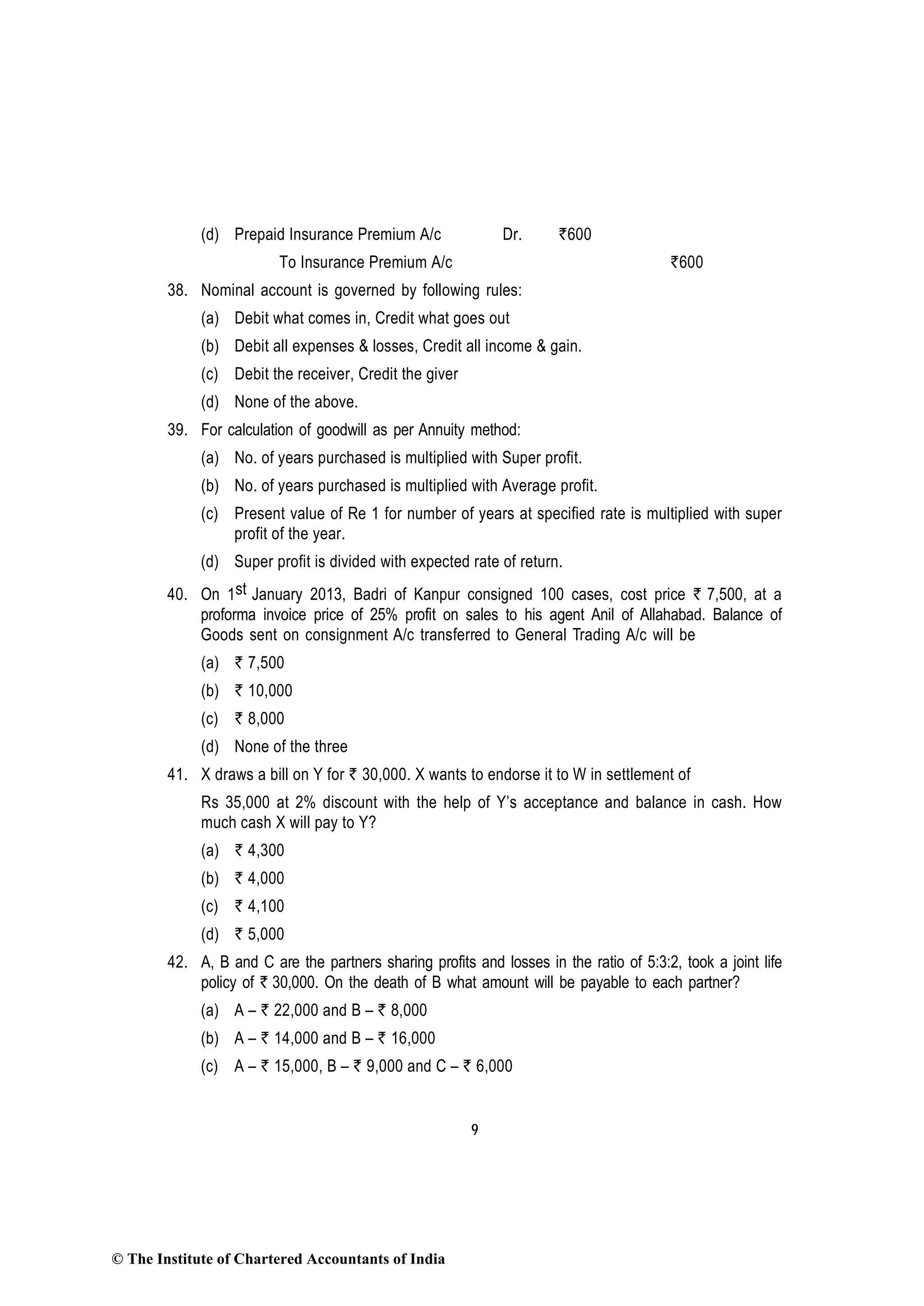 9
(d) Prepaid Insurance Premium A/c Dr. `600
To Insurance Premium A/c `600
38. Nominal account is governed by following rules:
(a) Debit what comes in, Credit what goes out
(b) Debit all expenses & losses, Credit all income & gain.
(c) Debit the receiver, Credit the giver
(d) None of the above.
39. For calculation of goodwill as per Annuity method:
(a) No. of years purchased is multiplied with Super profit.
(b) No. of years purchased is multiplied with Average profit.
(c) Present value of Re 1 for number of years at specified rate is multiplied with super
profit of the year.
(d) Super profit is divided with expected rate of return.
40. On 1st January 2013, Badri of Kanpur consigned 100 cases, cost price ` 7,500, at a
proforma invoice price of 25% profit on sales to his agent Anil of Allahabad. Balance of
Goods sent on consignment A/c transferred to General Trading A/c will be
(a) ` 7,500
(b) ` 10,000
(c) ` 8,000
(d) None of the three
41. X draws a bill on Y for ` 30,000. X wants to endorse it to W in settlement of
Rs 35,000 at 2% discount with the help of Y’s acceptance and balance in cash. How
much cash X will pay to Y?
(a) ` 4,300
(b) ` 4,000
(c) ` 4,100
(d) ` 5,000
42. A, B and C are the partners sharing profits and losses in the ratio of 5:3:2, took a joint life
policy of ` 30,000. On the death of B what amount will be payable to each partner?
(a) A – ` 22,000 and B – ` 8,000
(b) A – ` 14,000 and B – ` 16,000
(c) A – ` 15,000, B – ` 9,000 and C – ` 6,000
© The Institute of Chartered Accountants of India
 