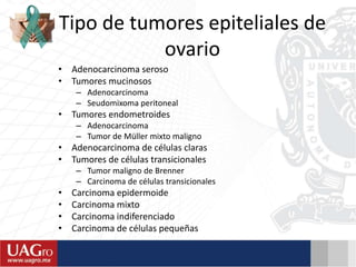 Tipo de tumores epiteliales de
ovario
• Adenocarcinoma seroso
• Tumores mucinosos
– Adenocarcinoma
– Seudomixoma peritoneal
• Tumores endometroides
– Adenocarcinoma
– Tumor de Müller mixto maligno
• Adenocarcinoma de células claras
• Tumores de células transicionales
– Tumor maligno de Brenner
– Carcinoma de células transicionales
• Carcinoma epidermoide
• Carcinoma mixto
• Carcinoma indiferenciado
• Carcinoma de células pequeñas
 
