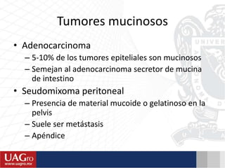 Tumores mucinosos
• Adenocarcinoma
– 5-10% de los tumores epiteliales son mucinosos
– Semejan al adenocarcinoma secretor de mucina
de intestino
• Seudomixoma peritoneal
– Presencia de material mucoide o gelatinoso en la
pelvis
– Suele ser metástasis
– Apéndice
 